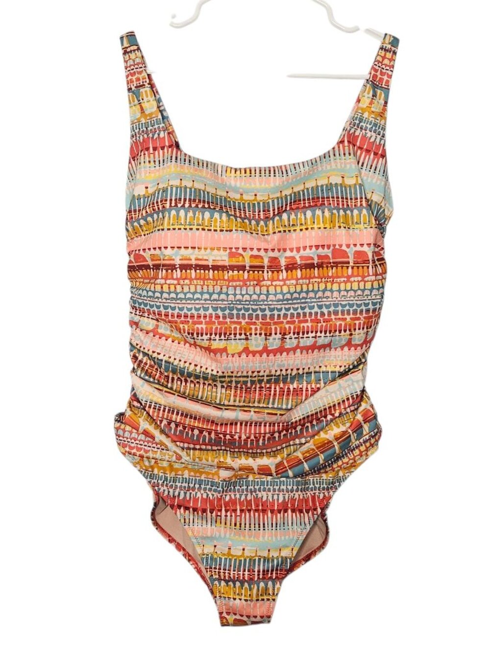 Garnet Hill Ruched Colorful Striped 1 PC Swimsuit Womens 14 Built-In Bra Beachy